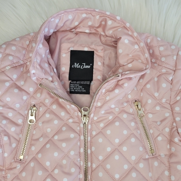 Me Jane Little Girls Pink Quilted Coat Polka Dots Gold Zippers Size 5 - Picture 3 of 5